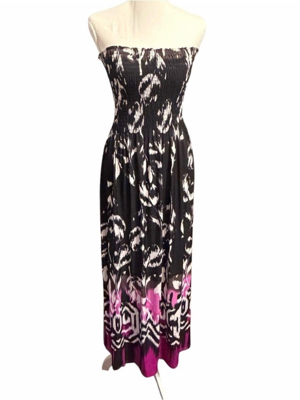 Boho Resort Strapless Smocked Maxi Dress Black Pink Print Size L